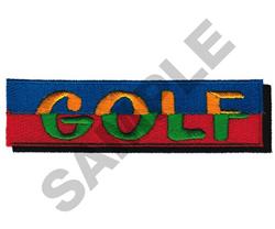 GOLF text patch in bold orange and green letters on a blue background, playful and vibrant for sports.