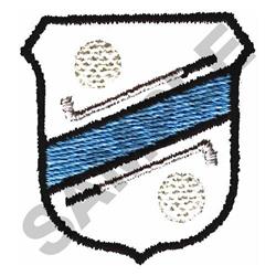 Shield design featuring a blue stripe, golf balls, and clubs, perfect for sports-themed embroidery.