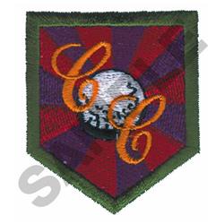 Shield patch featuring a golf ball and vibrant CC letters with a bold green border and dynamic purple-red background.