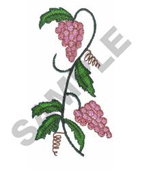 Vibrant grape clusters with pink fruit, set among lush green leaves and twisting vines, showcasing detailed embroidery.