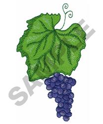 Grape leaf with detailed veining and curly tendril, alongside vibrant purple grapes. Realistic botanical design.