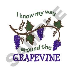 Playful grapevine with clusters of vibrant purple grapes and lush green leaves, featuring colorful text.