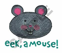 Playful gray mouse with pink ears and whimsical expression, featuring 'eek, a mouse!' text in teal.