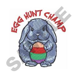 Playful gray rabbit holding a colorful striped egg and the text 'EGG HUNT CHAMP', perfect for festive Easter designs.