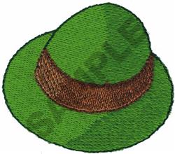 Green hat with a rounded top and brown band, featuring detailed stitching. Perfect for spring outings.