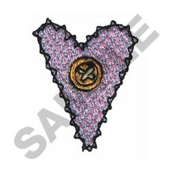 Applique heart shape in playful purple fabric with a black scalloped border and a gold button, ideal for casual use.
