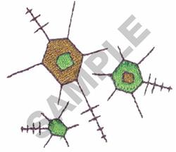 Modern abstract geometric shapes resembling microorganisms with colorful hexagons and textured stitch details.