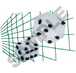 Vibrant hexagonal dice with black dots set against a playful green grid background, perfect for gaming themes.