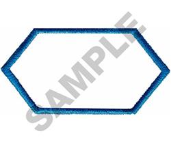 Hexagonal frame with a vibrant blue outline, featuring simple modern lines set against a plain background.