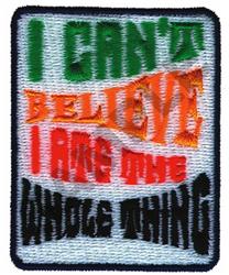 Humorous text patch with bold green, orange, and black lettering on a light background, playful and eye-catching.