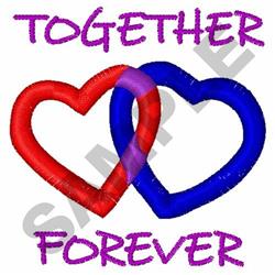 Two interlocking hearts in vibrant red and blue adorned with 'TOGETHER' and 'FOREVER' text, perfect for Valentine's Day.