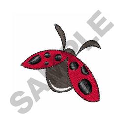 Colorful ladybug with bright red wings and black spots. Its curved wings suggest playful movement.