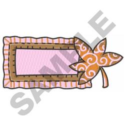Decorative label frame with whimsical leaf motif, featuring pink and brown wavy edges and swirling patterns.
