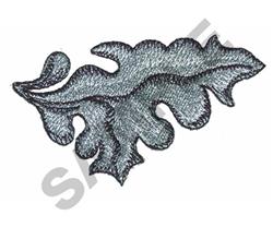 Stylized leaf with intricate textures, detailed shading in greens and greys, outlined in black, perfect for quilting.