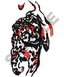 Bold abstract leopard with distinctive red and black spots on a white background, ideal for machine embroidery.