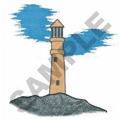 Cartoon lighthouse with a light atop, surrounded by playful blue waves, ideal for coastal decor.
