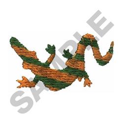 Playful lizard in vibrant green and orange stripes, showcasing its elongated body and tail in a fun, whimsical style.