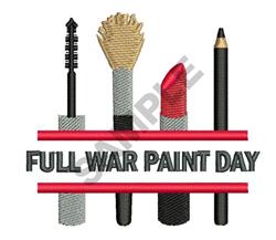 Modern playful design featuring makeup tools like mascara, brush, and bold red lipstick, with 'FULL WAR PAINT DAY' text.