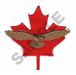 Patriotic applique featuring a bold red maple leaf and detailed brown eagle soaring, ideal for Canada Day.