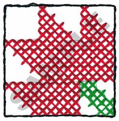 Cross stitch red maple leaf with a lattice design, green detail at the base, and black outline, embodying fall.