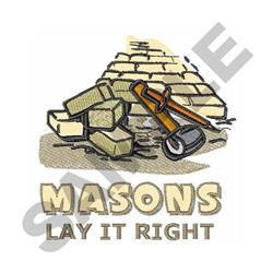 Playful scene with bricks in a pyramid and a trowel, featuring earthy tones and 'MASONS LAY IT RIGHT' text.