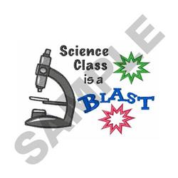Playful microscope graphic with colorful 'Science Class is a BLAST' text and explosion stars in vibrant colors.