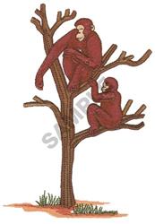 Colorful monkeys on tree branches, one lounging and the other playfully engaged, surrounded by vibrant ground vegetation.