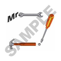 Cartoonish 'Mr.' text with a silver wrench, hammer, and an orange screwdriver, vibrant colors on a white background.