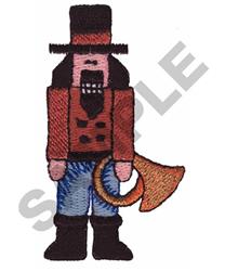 Cartoonish nutcracker figure in red clothing and a black hat, joyfully holding a musical horn for festive holiday decor.