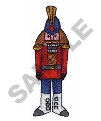 Cheerful nutcracker in a bright red uniform and blue pants, perfect for holiday-themed projects.