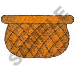 Orange pouch with decorative stitching and a quilted pattern, featuring a rounded shape and flat top.