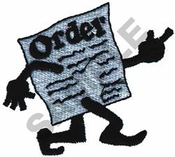 Cartoonish document with arms and legs, in light blue, boldly stating 'Order' in black. Playful design.
