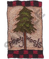 Pine tree in naturalistic detail with green hues, framed by a rustic red and black checkered border, featuring 'piney woods'