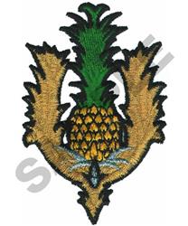 Elegant pineapple with ornamental golden leaves, featuring vibrant greens and rich textures, ideal for tropical decor.