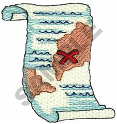 Playful pirate map scroll featuring brown and beige colors with wavy water lines and a bold red 'X'.