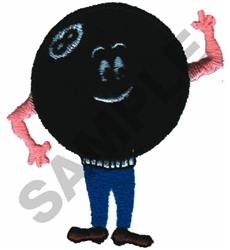 Playful cartoon bowling ball with arms and legs, dressed in blue pants and pink arms, smiling joyfully.