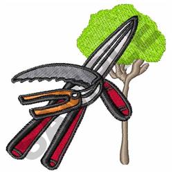 Pruning shears in vibrant red and black with a bright green tree and a neat saw in a whimsical garden scene.