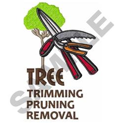 Pruning shears with a green tree, featuring bold text 'TREE TRIMMING PRUNING REMOVAL'. Illustrative spring gardening theme.