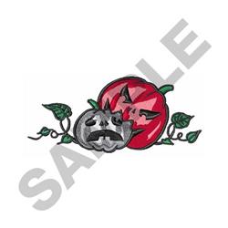 Colorful red and gray pumpkins with playful expressions, entwined in green vines, perfect for fall-themed décor.