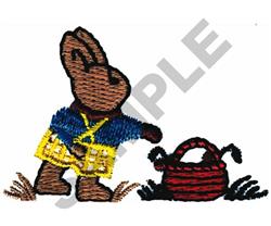 Whimsical brown rabbit in blue jacket and yellow shorts, reaching for a red basket, perfect for Easter décor.