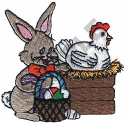 Colorful rabbit with a red bow holds a basket of eggs beside a playful chicken on a rustic box for Easter.