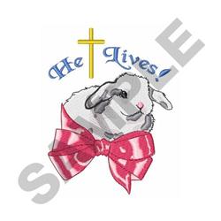Playful rabbit with a pink bow and gold cross above, cheerful Easter theme, perfect for festive embroidery.