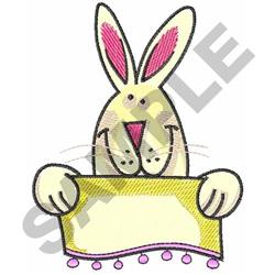 Cheerful rabbit with large ears holding a yellow banner, adorned with pink accents, perfect for Easter.