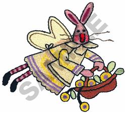 Whimsical rabbit in a pastel outfit with wings, carrying a basket of flowers for Easter celebrations.