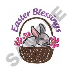 Cute rabbit in a woven basket filled with colorful flowers. 'Easter Blessings' text adds a cheerful touch.