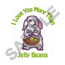 Playful rabbit holding a basket of colorful eggs with the text 'I Love You More Than Jelly Beans' for Easter.