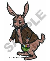 Playful rabbit in a brown jacket holds a basket of colorful eggs, perfect for Easter decor.