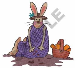 Whimsical rabbit in a purple dress, surrounded by a basket of carrots for Easter, perfect for playful embroidery.