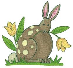 Playful brown rabbit with a flower in its mouth, surrounded by vibrant yellow flowers and green grass for Easter.