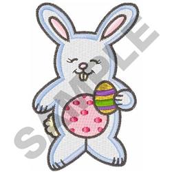 Cartoon rabbit with a light blue body and pink ears, holding a colorful Easter egg for festive spring decor.